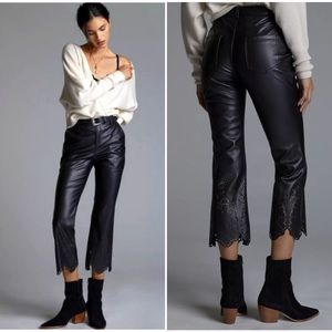 Anthropologie vegan black leather laser perforated hem flare pants high waist 8